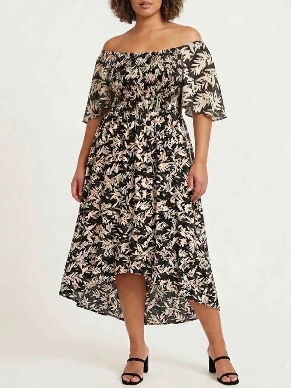 Kindred Smocked Off-Shoulder Black Metallic Gold Floral High Low Midi Dress 2X